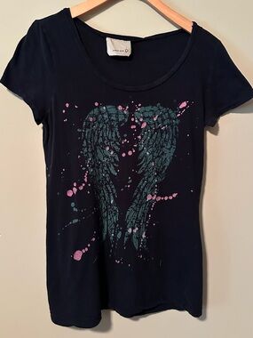 Anthropologie Black Graphic Tee with Teal Wings and Pink Splatter